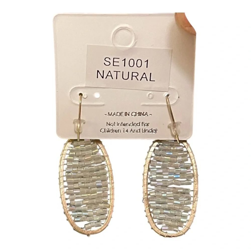 Iridescent‎ Beaded Hammered Gold Tone Metal Oval Hoop Earrings NTW